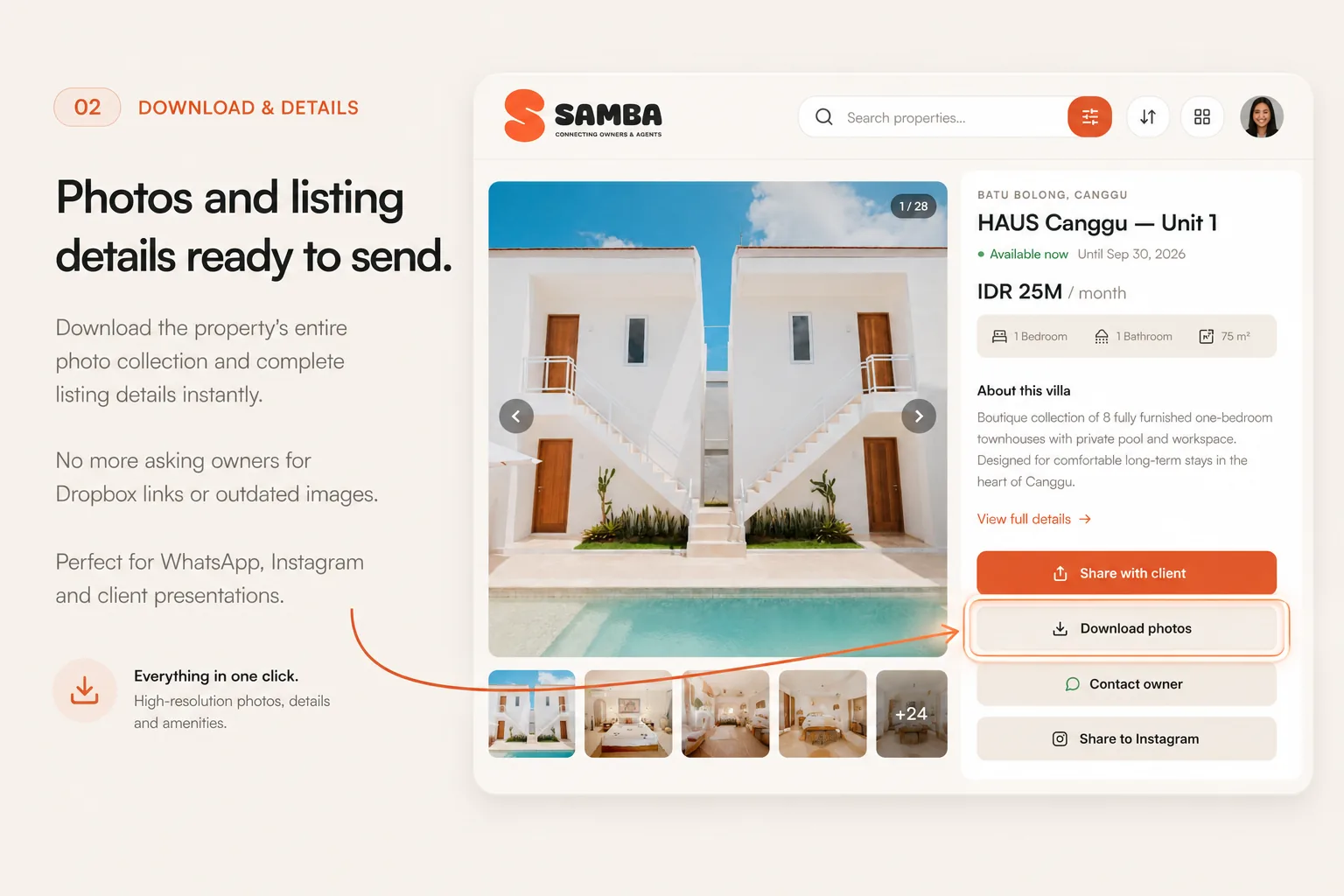 Download everything in one click — the property's full photo collection and complete listing details, ready to send.