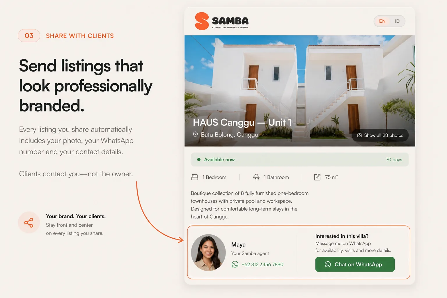 Share beautifully branded listings — every listing you share carries your photo, your WhatsApp number and your contact details, so clients contact you.