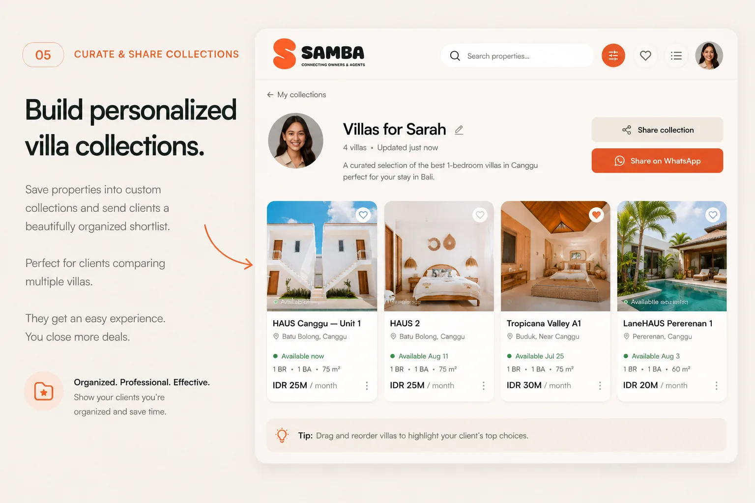 Curate villas for every client — save properties into custom collections and send clients a beautifully organised shortlist.