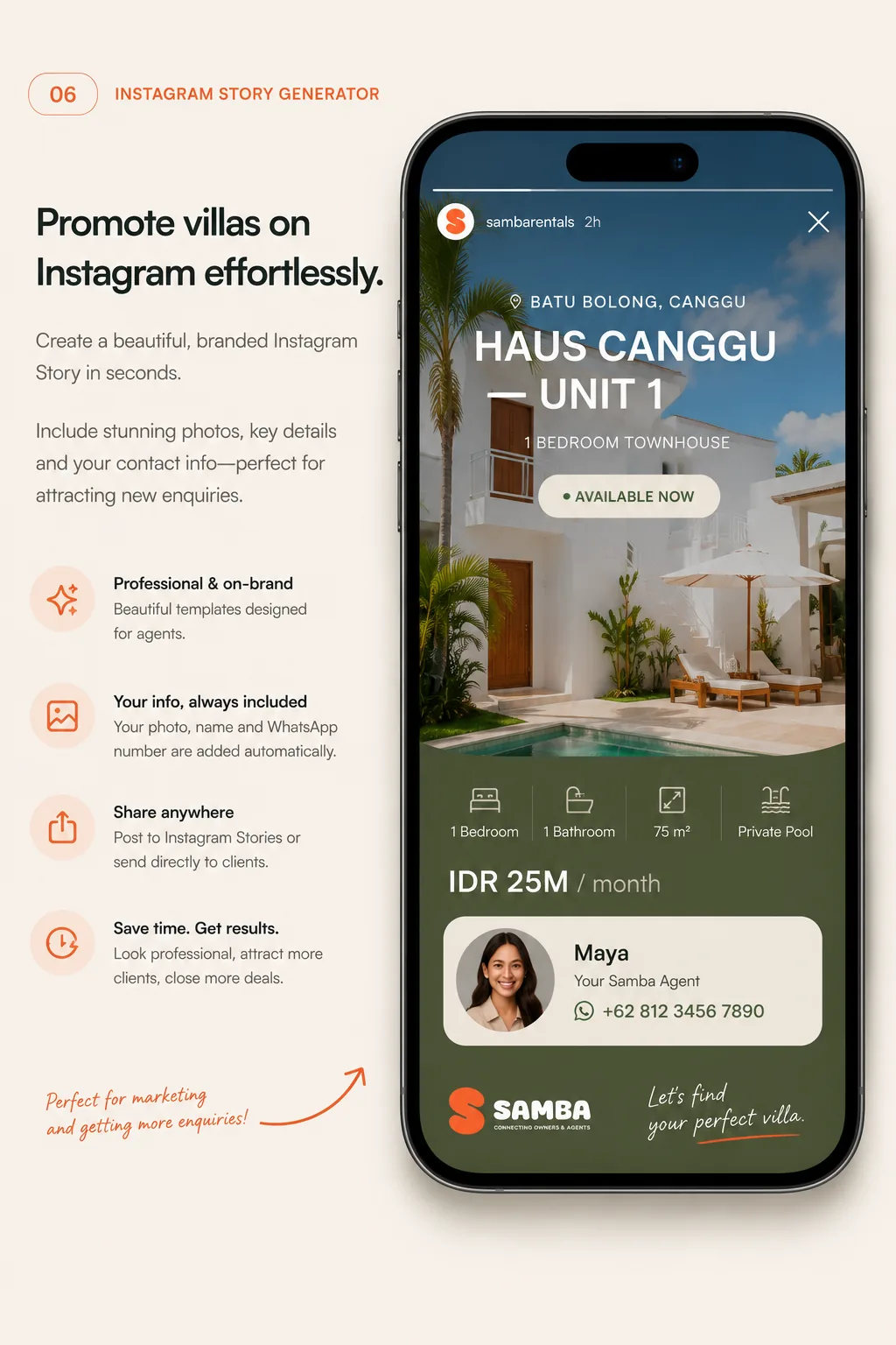 Create Instagram Stories in seconds — a professionally designed Story with property photos, your branding and contact details.