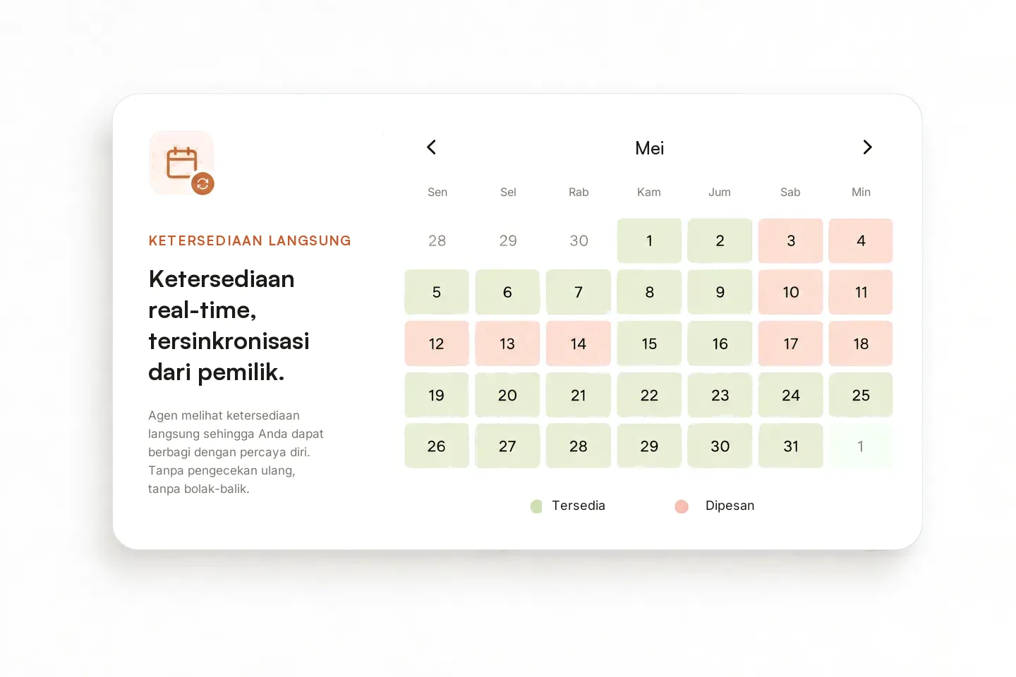 Kalender ketersediaan real-time, tersinkron dari channel yang sudah Anda pakai