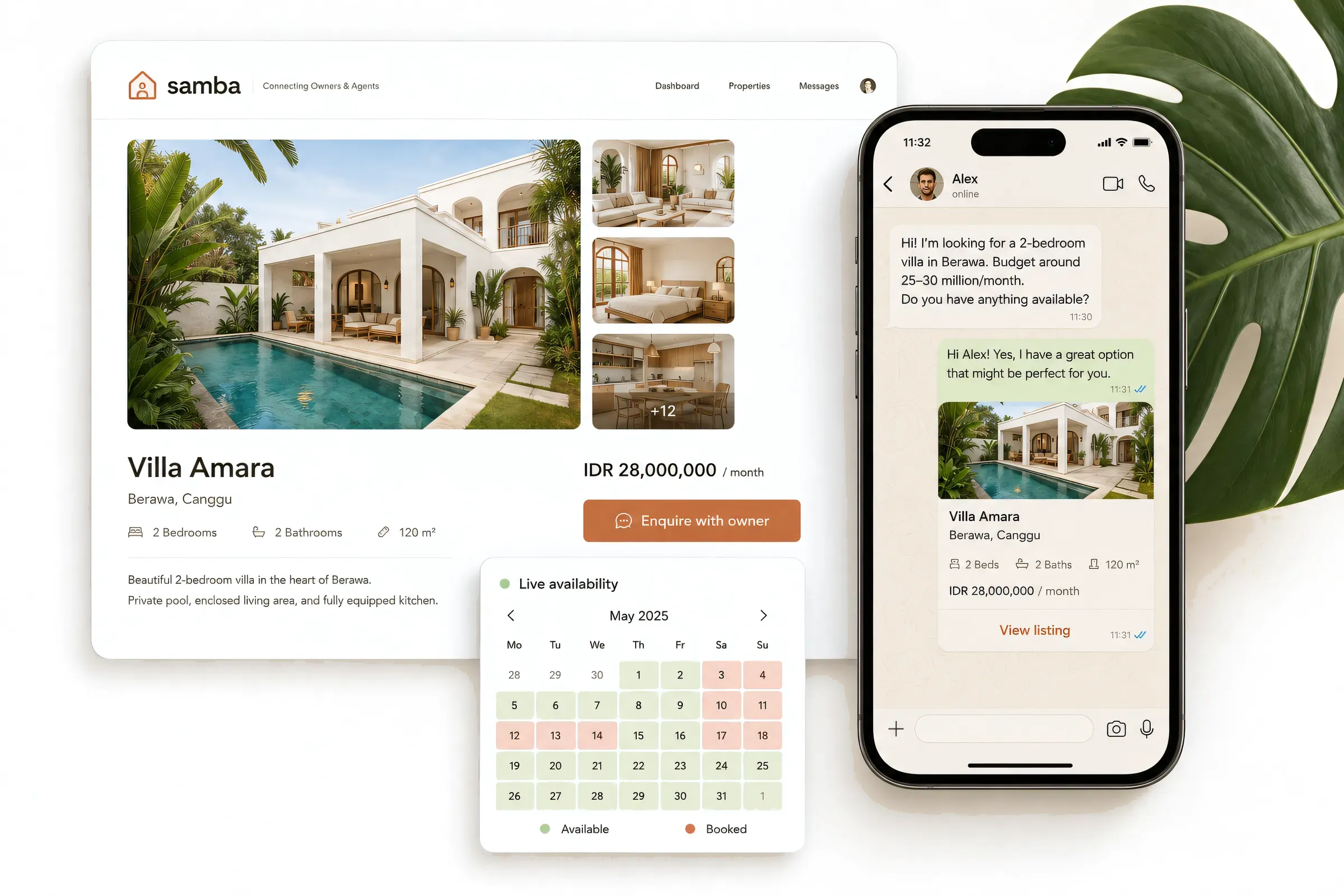 Samba listing page for a Bali villa, with live availability calendar and a WhatsApp chat sharing the listing