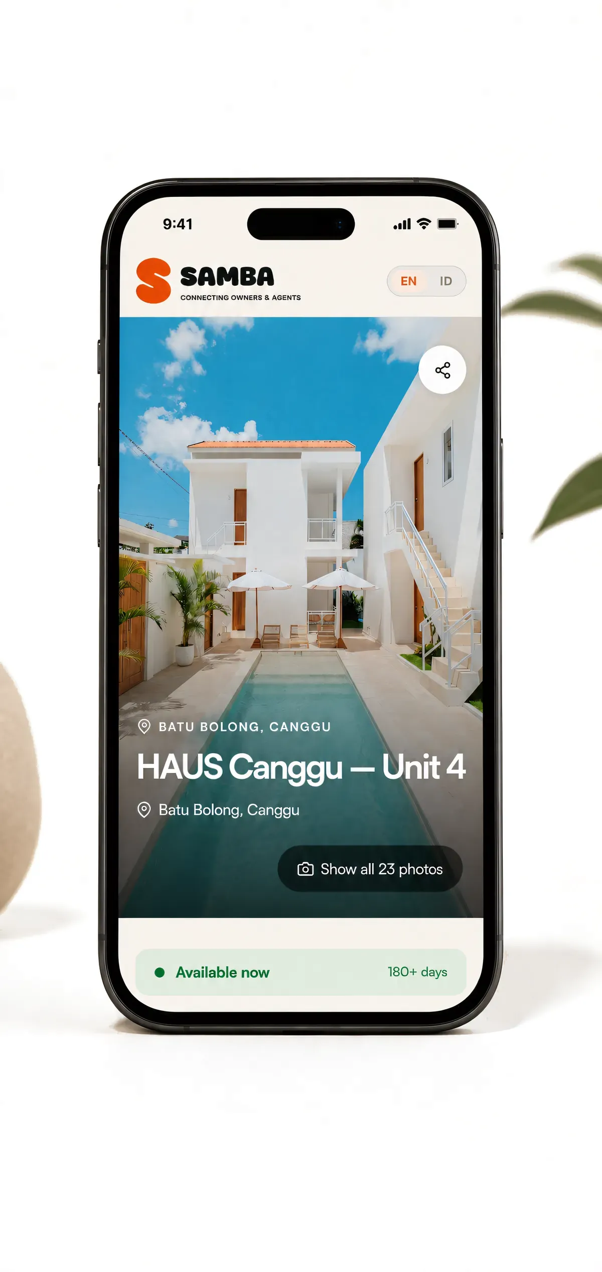Samba villa listing page on a phone