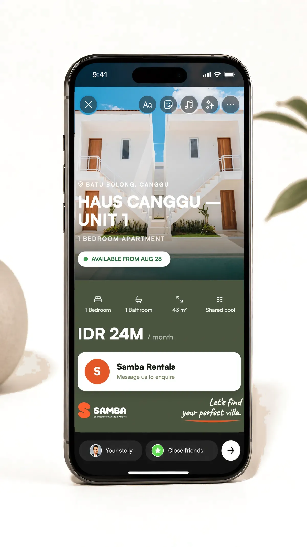 Instagram story of a villa listing, generated by Samba in one tap