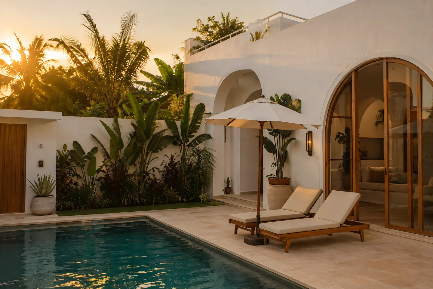 Bali villa pool terrace at golden hour