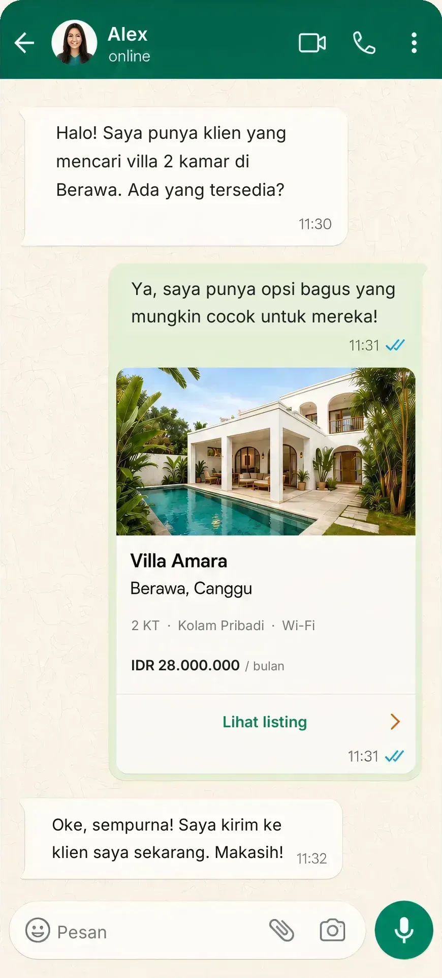 Percakapan WhatsApp saat seorang agen membagikan villa ke kliennya