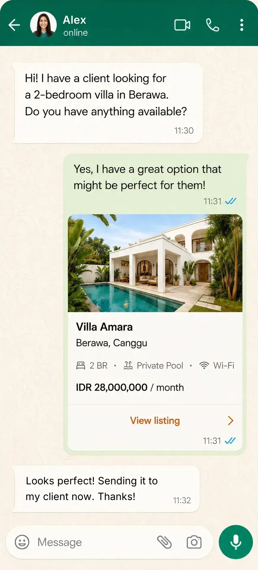 A WhatsApp conversation where an agent shares a villa with a client