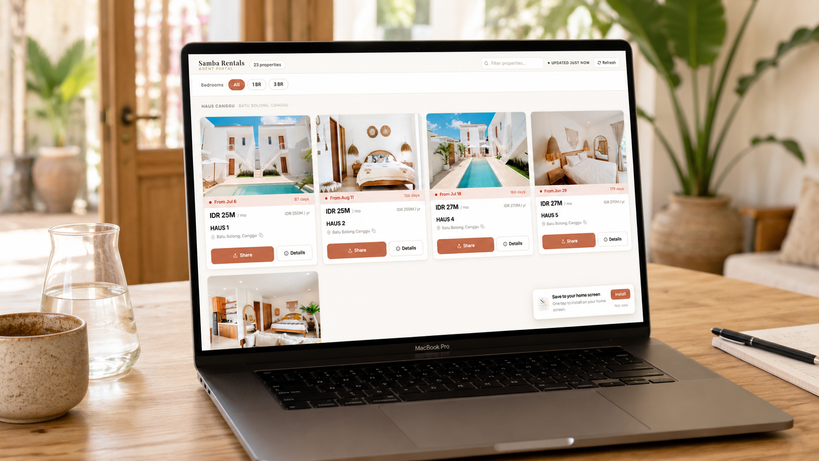 Samba Rentals agent portal showing live villa availability