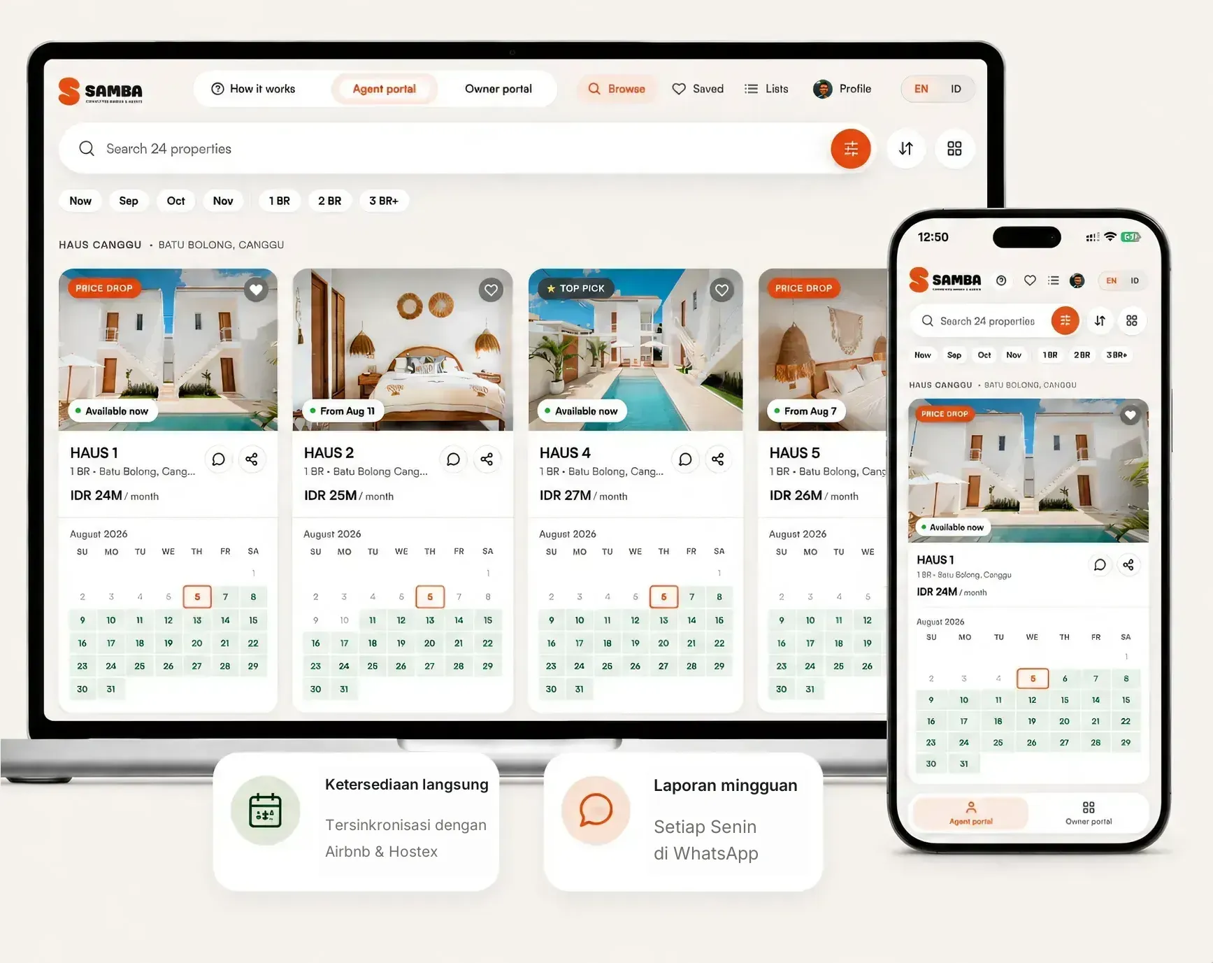 Portal pemilik Samba di laptop dan ponsel, dengan ketersediaan yang tersinkron dari Airbnb dan Hostex