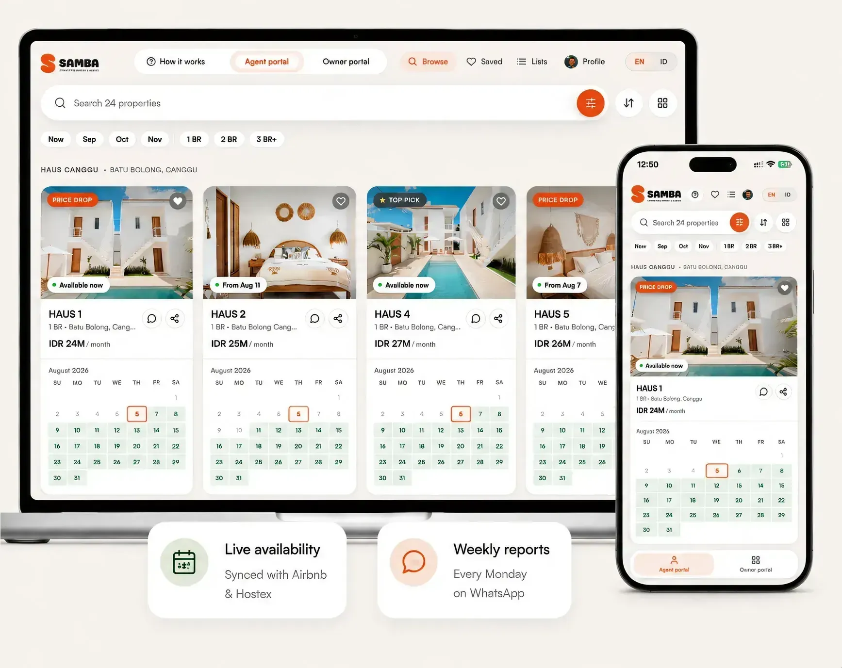 The Samba owner portal on a laptop and phone, with live availability synced from Airbnb and Hostex